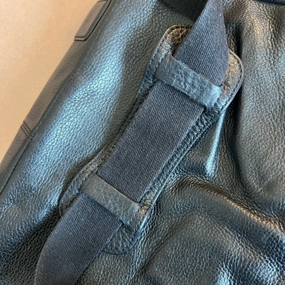 Banana Republic Black Pebbled Genuine Leather Messenger Laptop Bag Fabric Strap